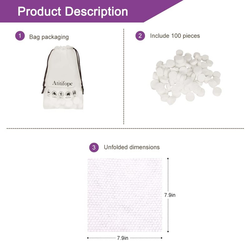Atitifope Compressed Facial Towels (100 Count) - Disposable Wash Cloths for Travel and Camping (7.9in x 7.9in) - Image 3